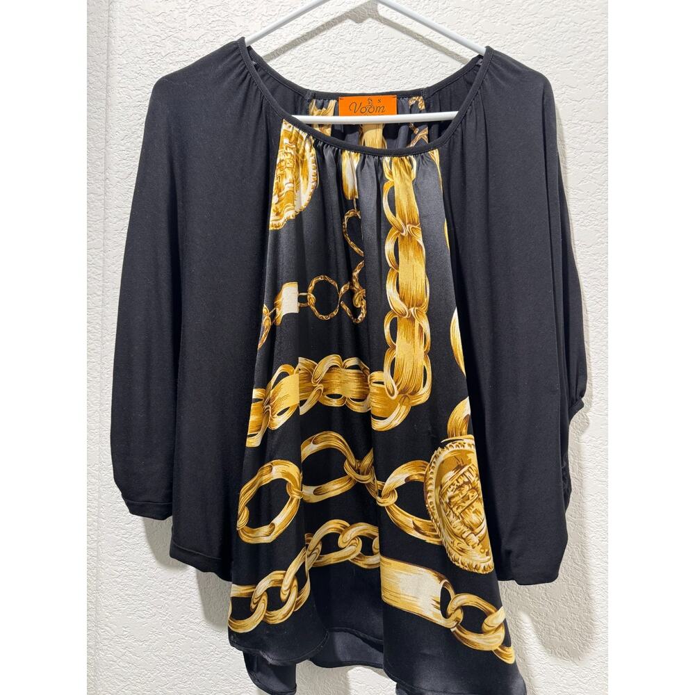 Voom Joy Han Tunic Batwing Top 100% Silk Sz S Black Gold Chain Print Made In USA